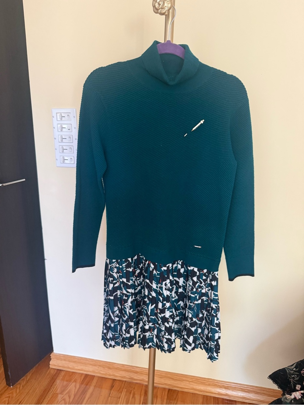 Ted Baker Teal Long Sleeve Knit Dress with Printed Pleated Skirt